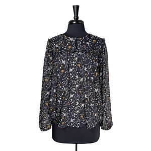 Boden Women’s 10 Celestial Star Bird Print Sheer Blouse Long Puff Sleeve Ruffle